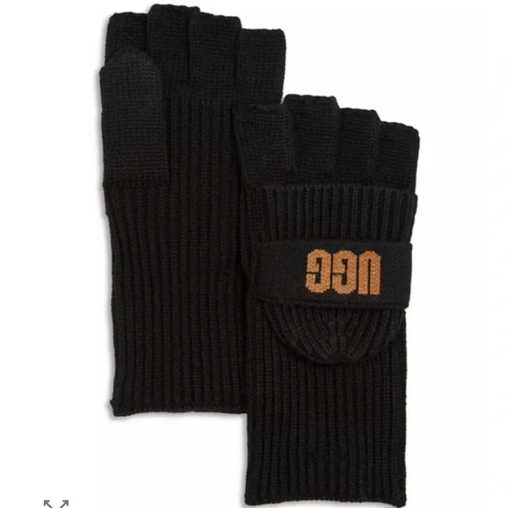 UGG Black Knit Convertible Fingerless Gloves with Tan Logo